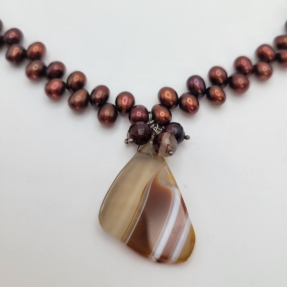 Brown Pearl Agate Pendant Necklace Sterling Silver Clasp